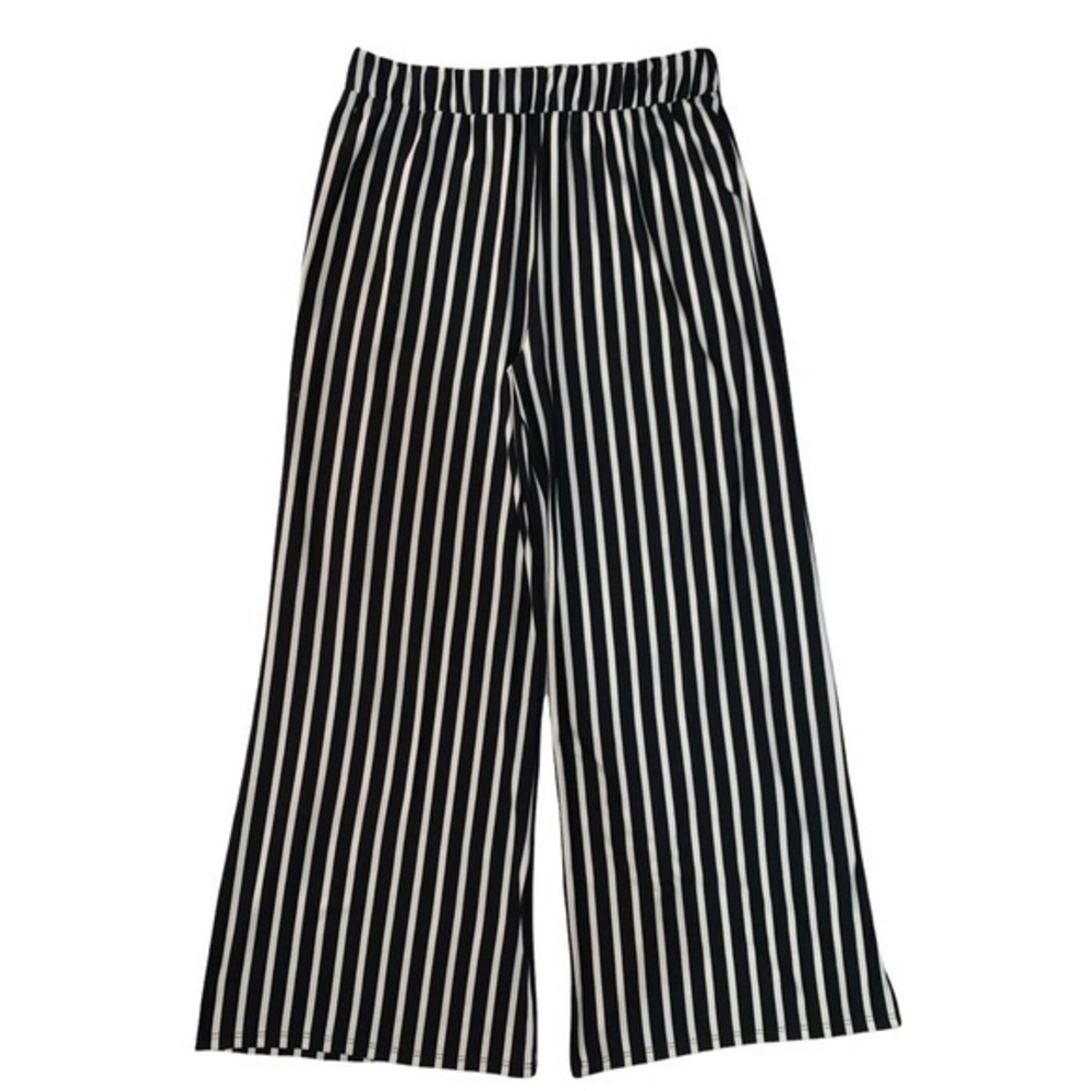 Paperoc L wide leg crop pants black & white striped elastic stretch high waist